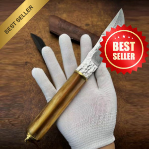 Японски танто нож CAMEL GUARDIAN TANTO DAMASKUS WHITE, дръжка камилска кост, кожена кания, подаръчна кутия